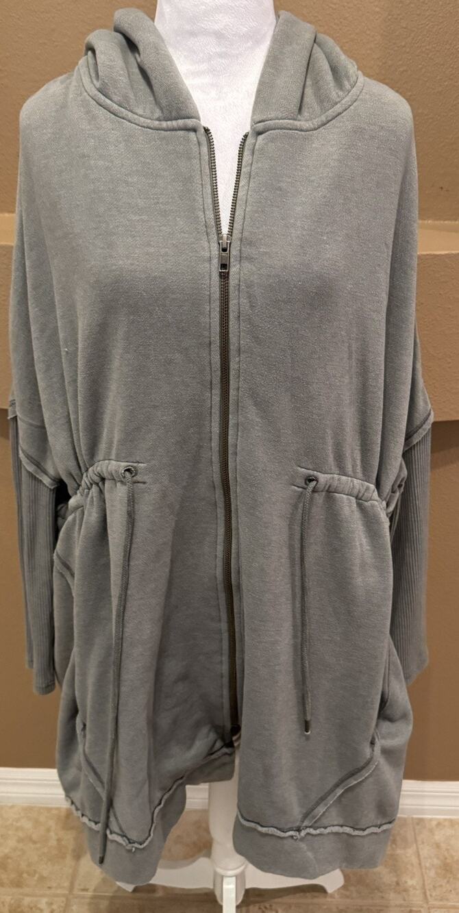 Free People Brentwood Cardi Hooded Jacket Gray Drawstring Tie Waist Size XS